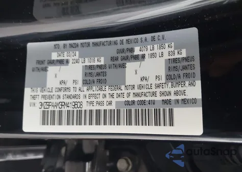 2024 Mazda Mazda3 2.5 S z USA, uszkodzony, nr VIN 3MZBPAAM3RM419608